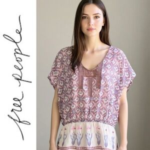 Free People Purple Floral Mixed Print Shirt Bohemian Oversized Blouse Size Small